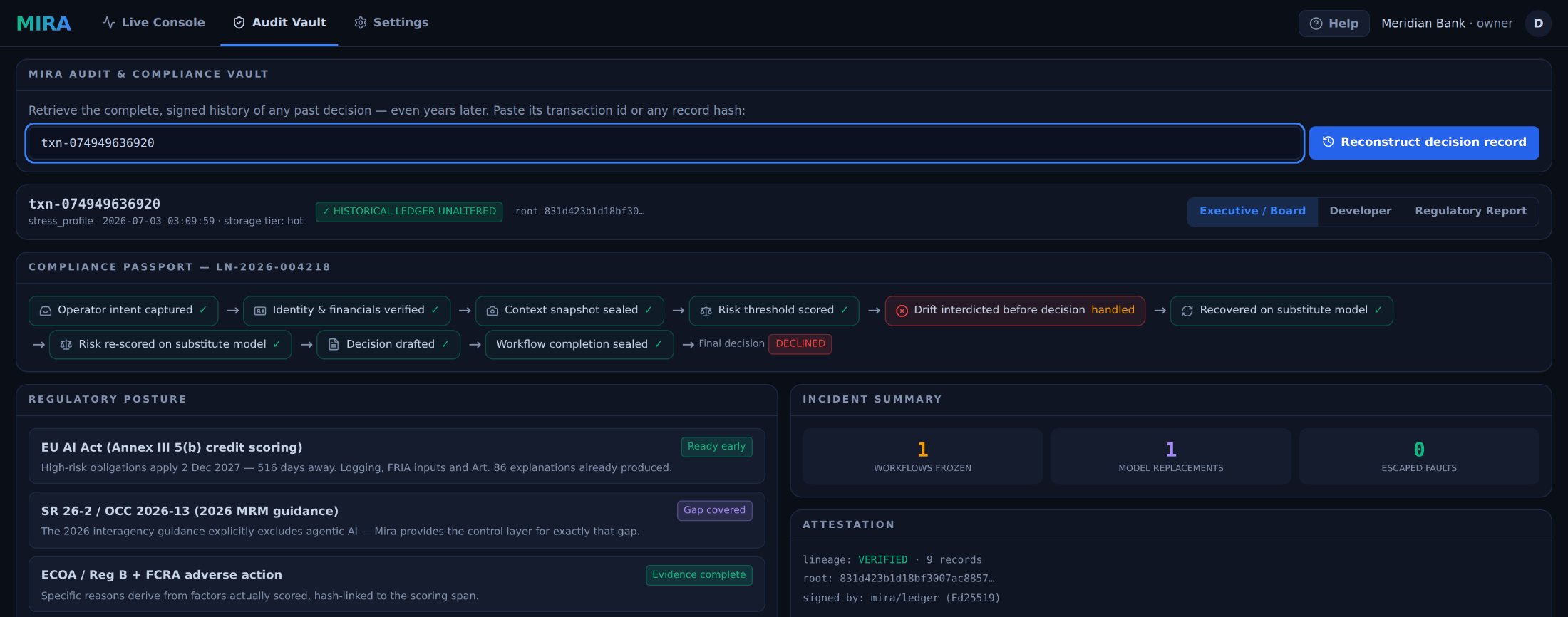 The Mira audit vault reconstructing a past decision: a compliance passport with an interdicted-and-handled incident, regulatory posture tiles and a signed attestation
